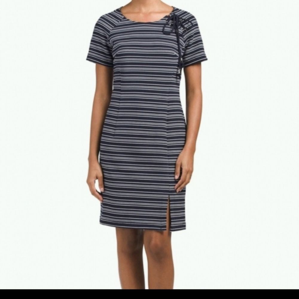Sharagano striped casual mini dress navy blue short sleeves sheath size 6